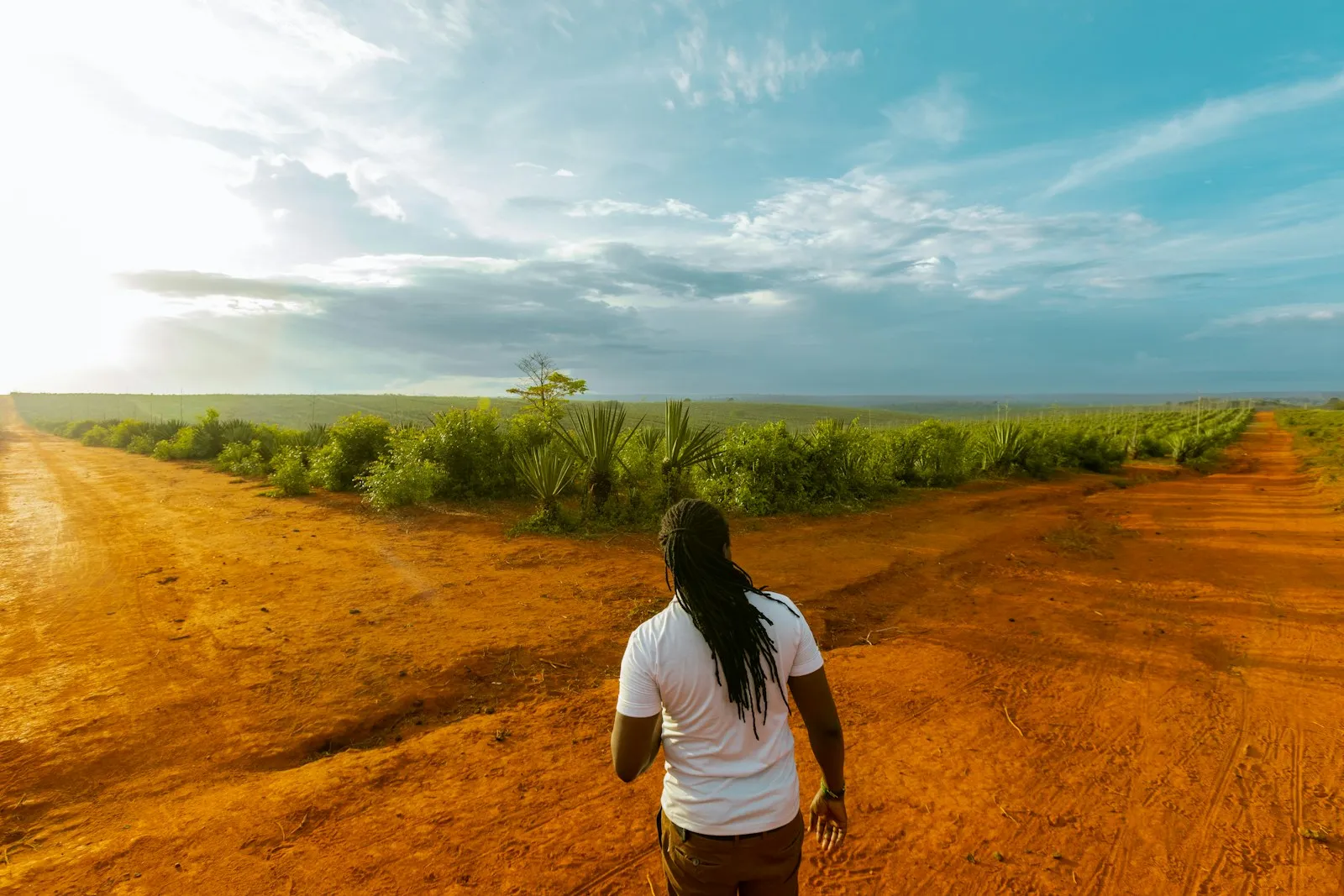 A young person with long locs walking alone along a red-earth road